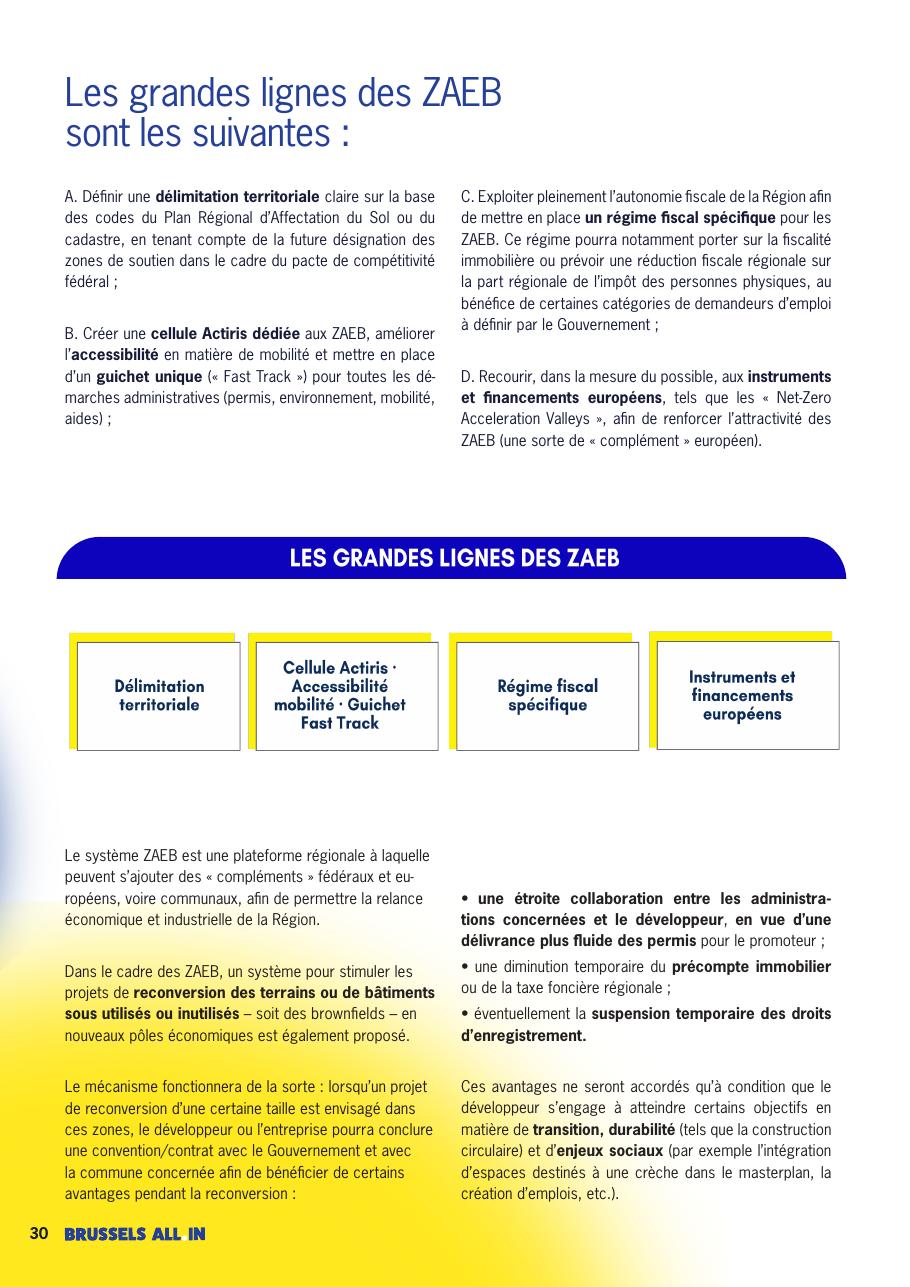 Schéma officiel des Zones d'accélération économique bruxelloises (ZAEB) : délimitation, cellule Actiris, régime fiscal, financements européens.