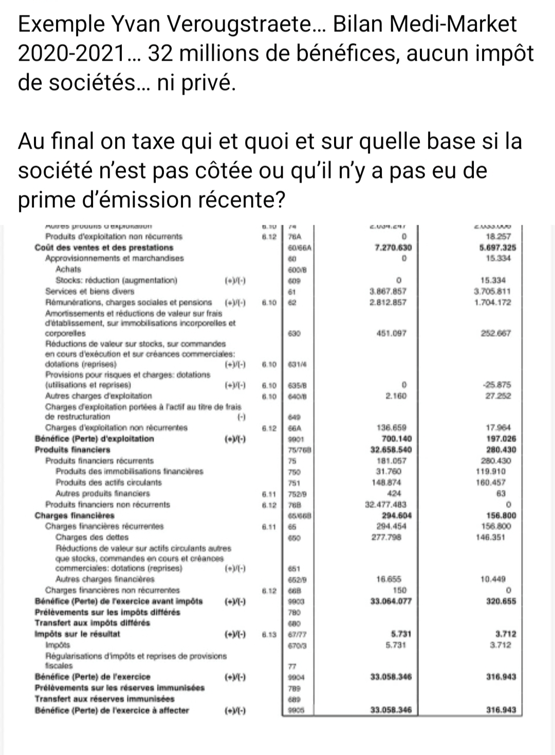 Capture d'écran anonymisée : commentaire et extrait du bilan public 2020-2021 de Medi-Market mis en regard de la proposition de taxe
