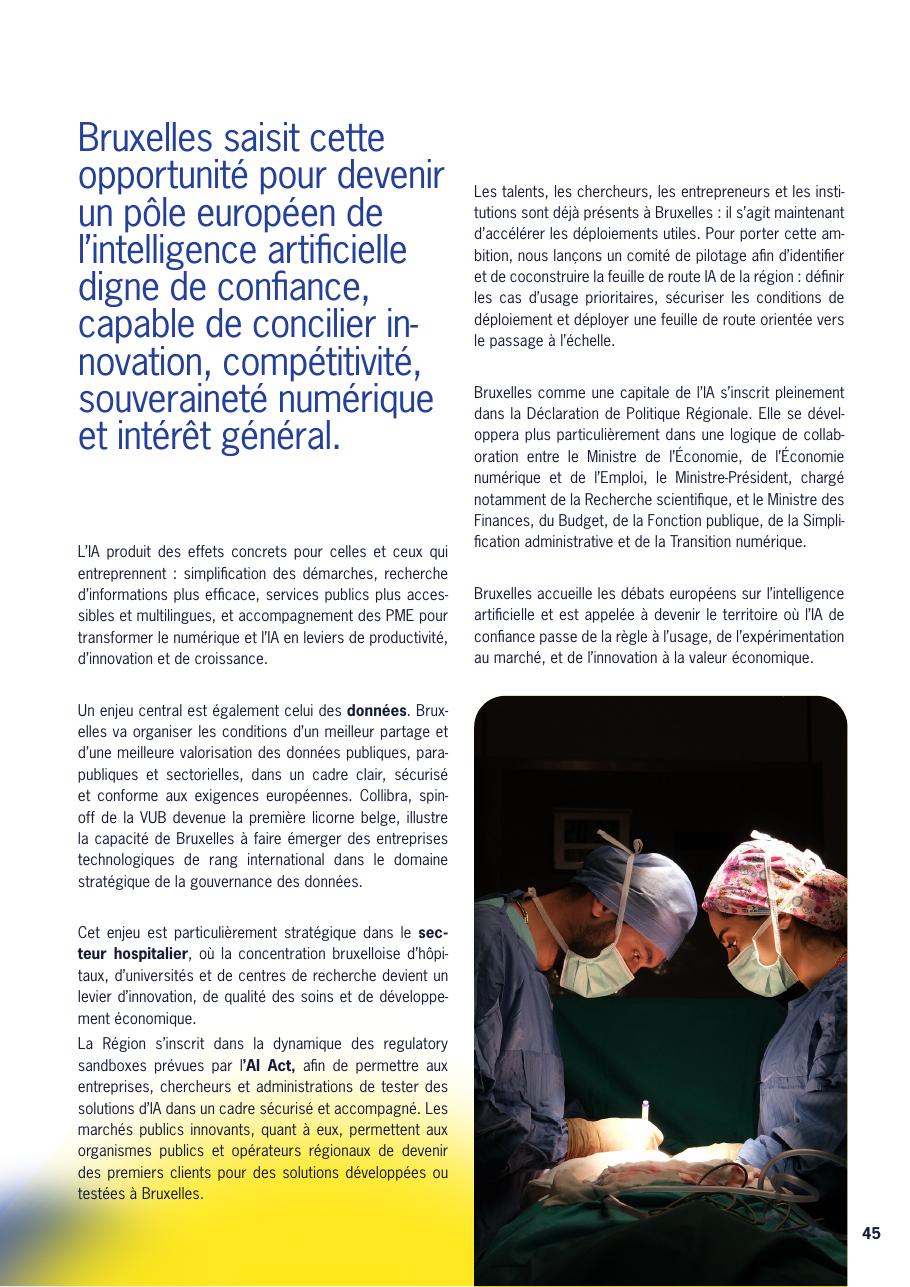 Page Bruxelles capitale de l'intelligence artificielle, extrait de la brochure Brussels All.In : ambition d'un pôle européen IA digne de confiance.