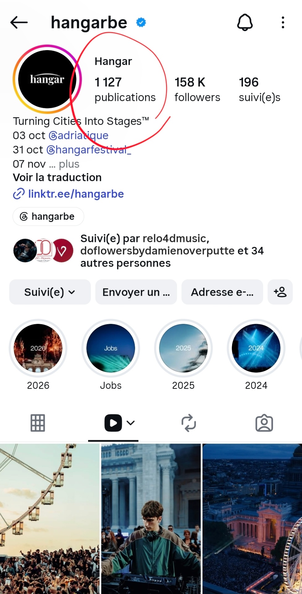 Profil Instagram officiel de Hangar affichant 158 000 abonnés le 22 septembre 2026