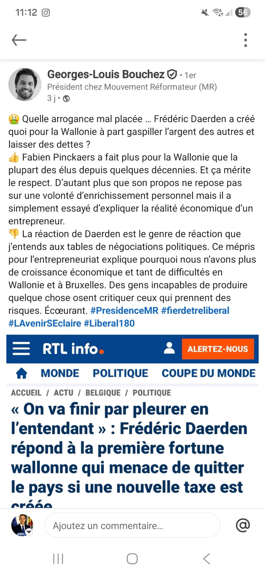 Capture LinkedIn : Georges-Louis Bouchez (MR) recadre Frédéric Daerden (PS) après sa réponse à Fabien Pinckaers