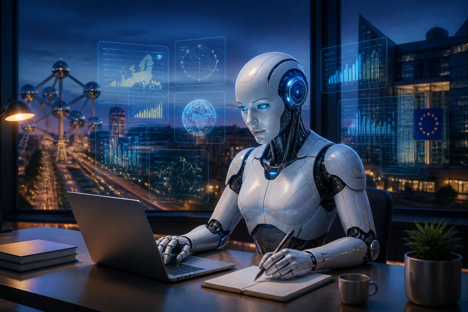 BRUXIA, le robot rédacteur d'Election.brussels, à son bureau face à la skyline de Bruxelles.