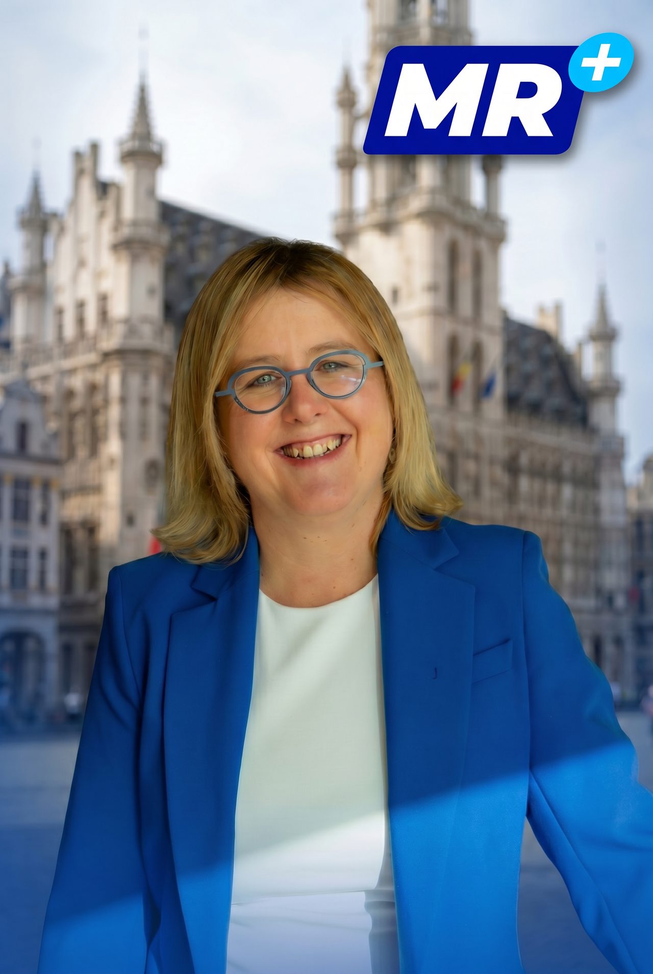 Floriane Bonnier, fractieleider MR+ in de gemeenteraad van de Stad Brussel, voor het Stadhuis (Grote Markt) — officieel MR+ logo zichtbaar.