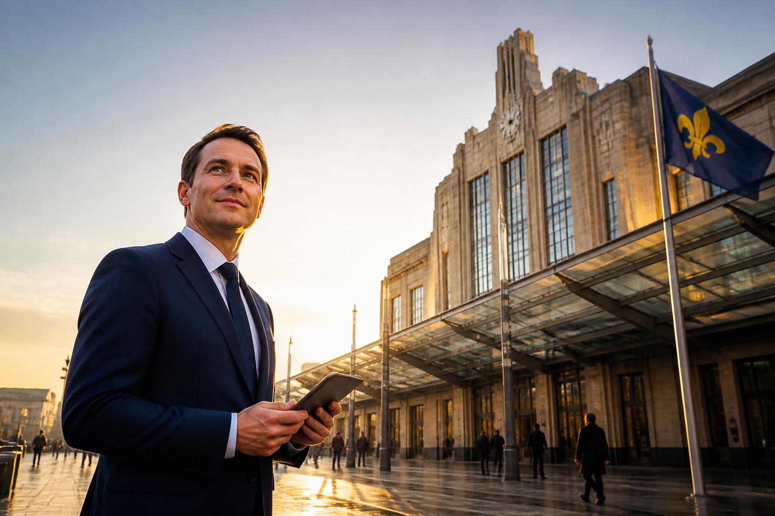 Illustration : Boris Dilliès devant une gare bruxelloise au lever du jour