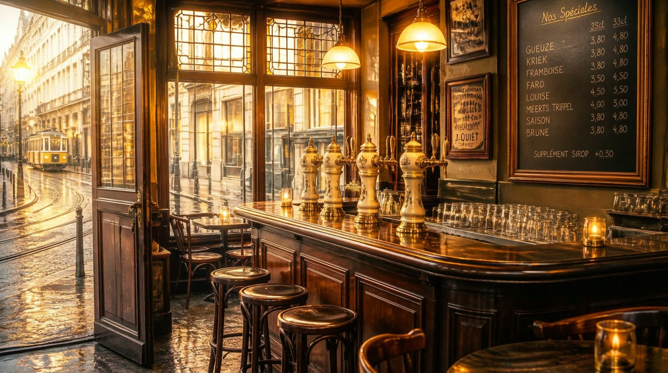 Interieur van een typische Brusselse brasserie in de vroege ochtend — houten toog, Belgische biertapkranen, uitzicht op een tram en een natte kasseienstraat.