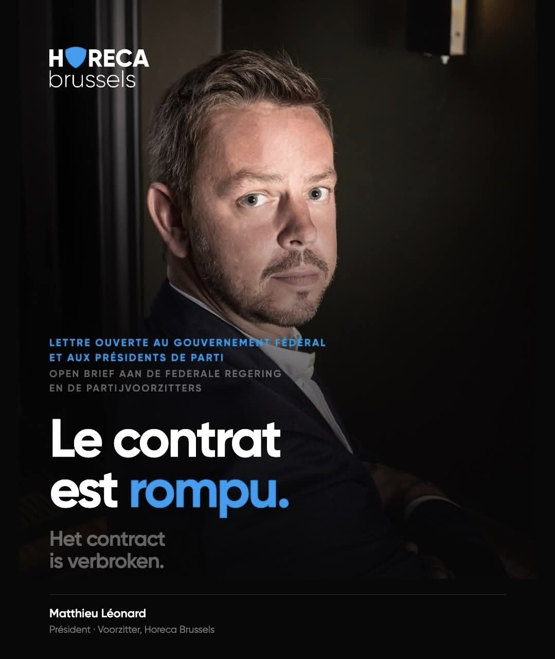 Portret van Matthieu Léonard, voorzitter van Horeca Brussels, op de cover van de open brief « Het contract is verbroken » aan de federale regering en de partijvoorzitters.