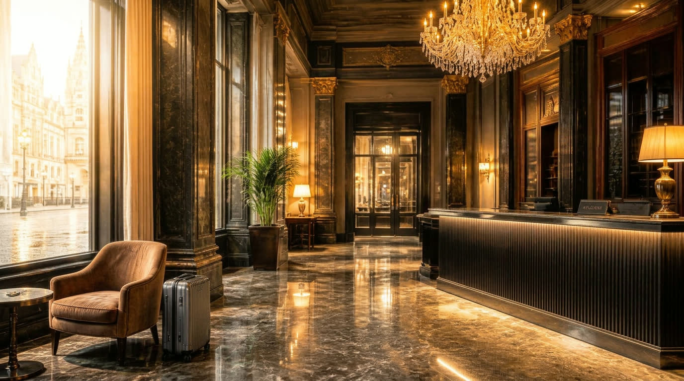 Lobby van een luxueus Brussels hotel bij avond, gepolijst marmer, kristallen luchter, lege receptie, een vergeten koffer bij een fauteuil, uitzicht op de Grote Markt in de regen.