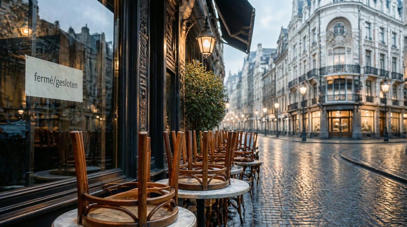 Terras van een Brussels café gesloten bij valavond, stoelen omgekeerd op de tafels, « fermé / gesloten »-bordje aan de ruit, natte kasseien onder het licht van een straatlantaarn.