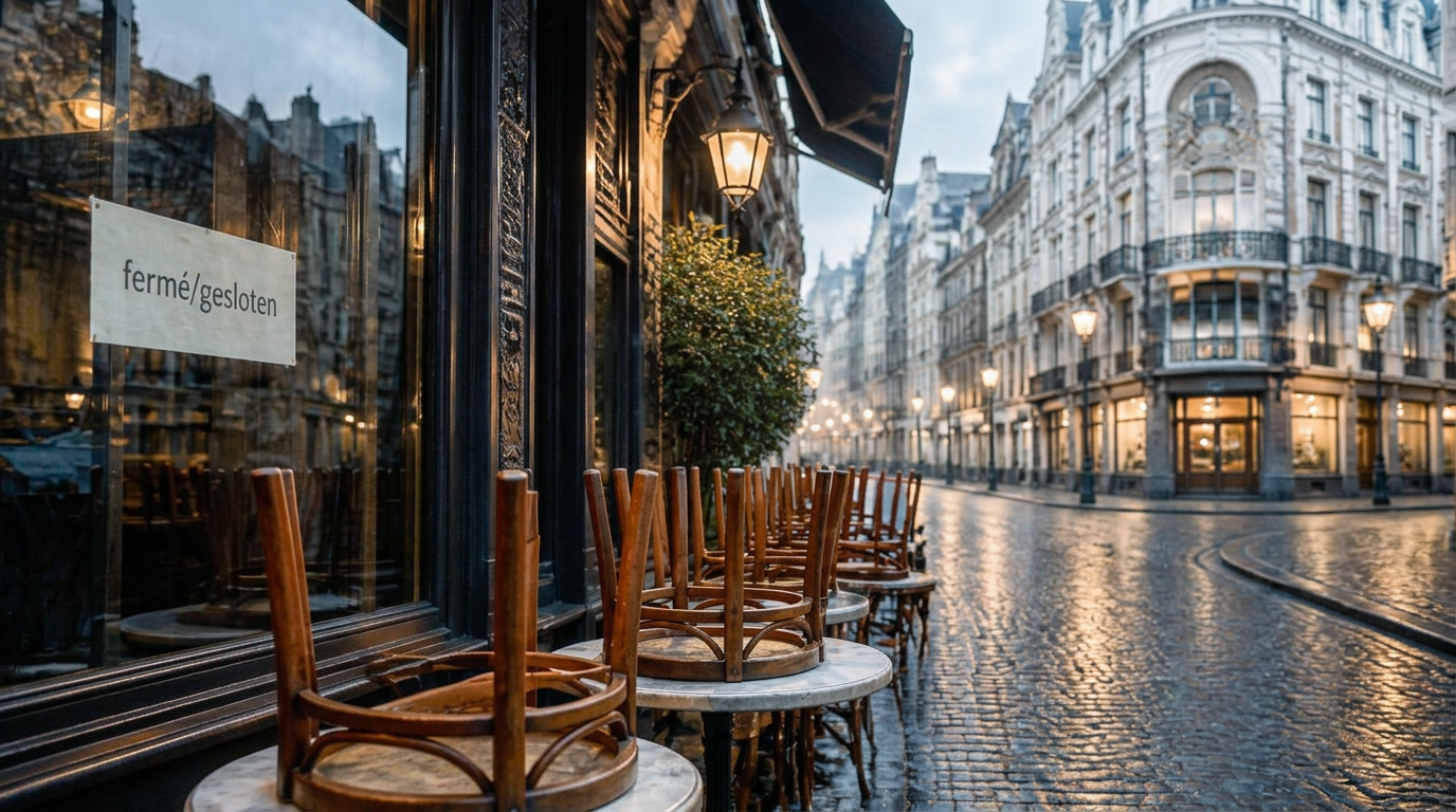Terras van een Brussels café gesloten bij valavond, stoelen omgekeerd op de tafels, « fermé / gesloten »-bordje aan de ruit, natte kasseien onder het licht van een straatlantaarn.